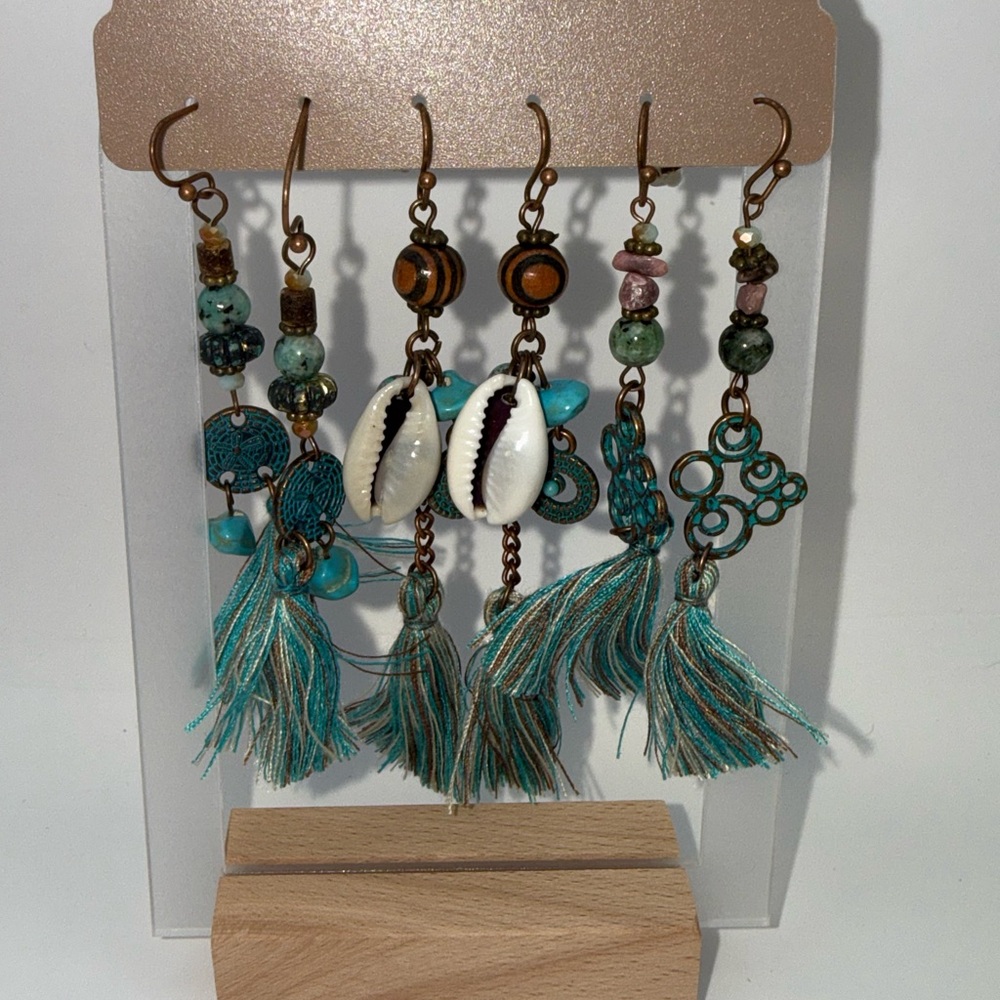 Turquoise Tassel & Cowrie Shell Earring Set - Women Jewelry